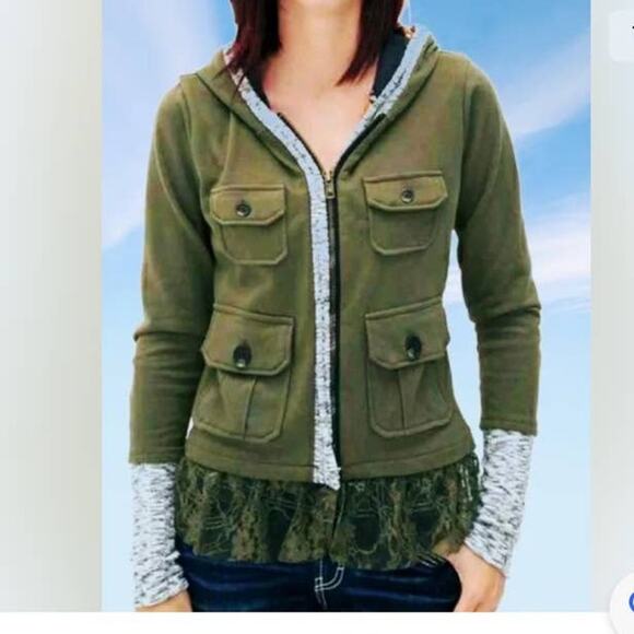 Scrapbook Jackets & Blazers - Scrapbook Hooded Utility Jacket Full Zip Lace Trimmed Womens Medium Olive JP574T